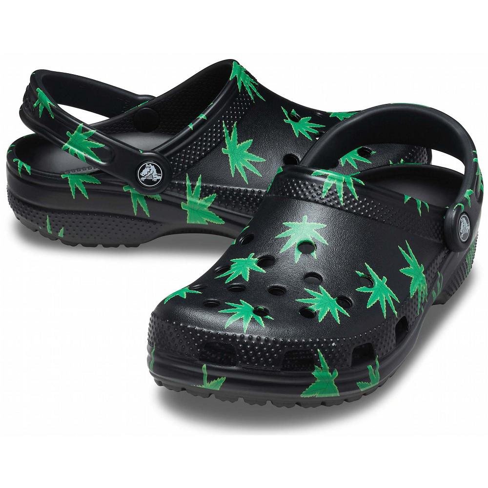 Black / Green Women's Crocs Classic Hemp Leaf Clogs | NZ 0137UZGT